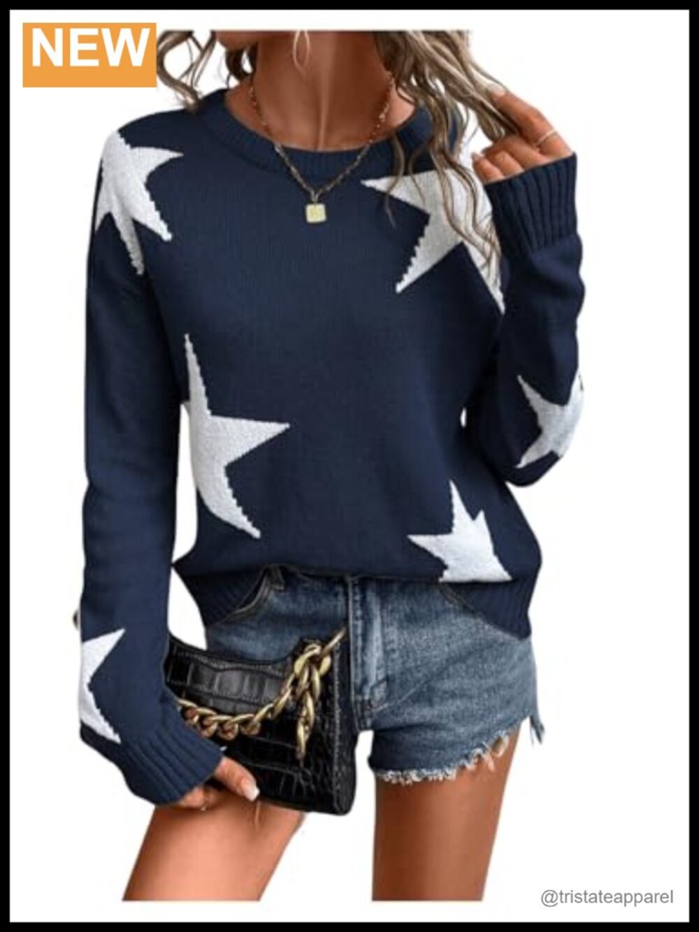Star Pattern Crew Neck Drop Shoulder Pullover Sweater